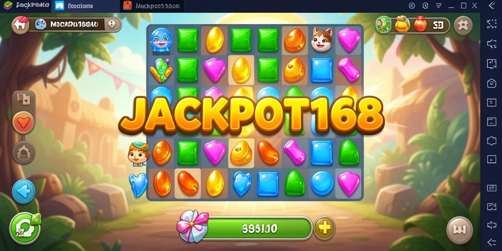 Screenshot utama JACKPOT168 menampilkan gameplay Match-3 yang seru.