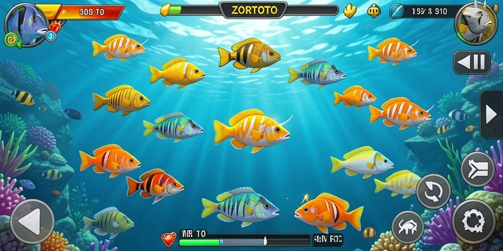 Screenshot gameplay ZORTOTO menampilkan aksi seru menembak ikan.